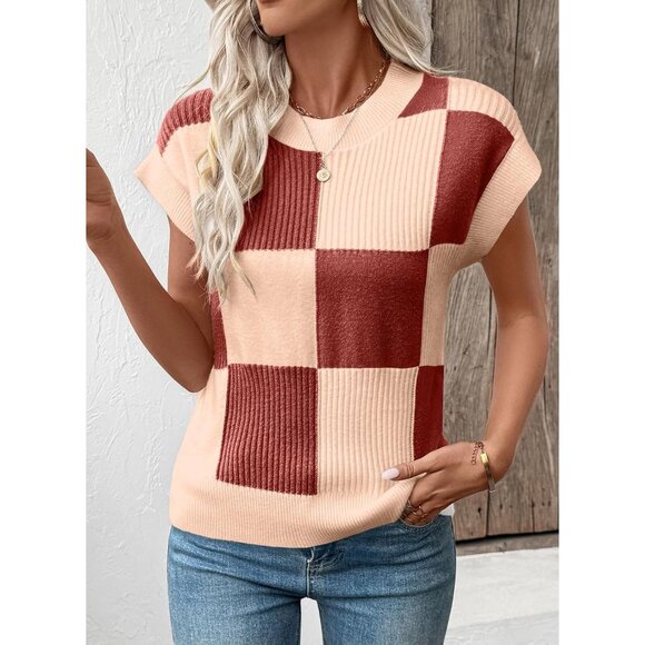 Women Short Sleeve Sweater Vest Knit Top Color Block Casual Fall Fashion - Picture 2 of 5